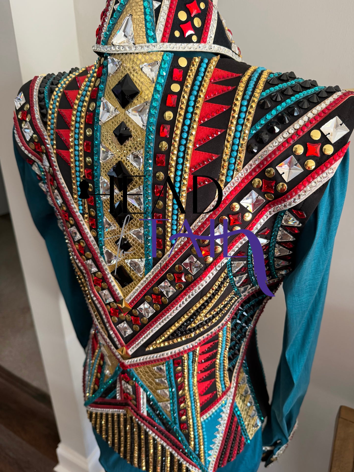 Lindsey James Show Clothing Jade, Red, Gold & Crystal Shirt & Vest- Appx Medium