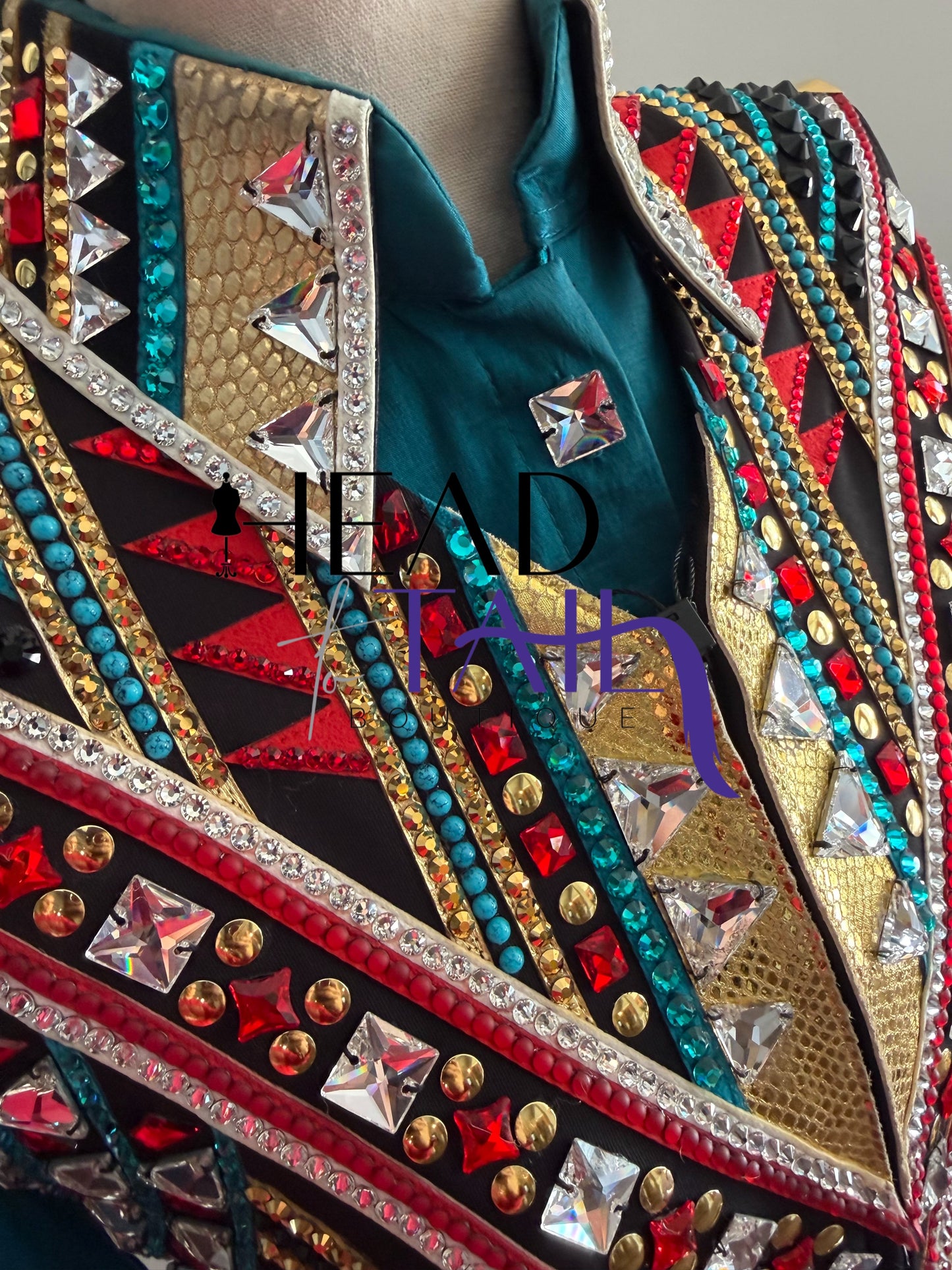 Lindsey James Show Clothing Jade, Red, Gold & Crystal Shirt & Vest- Appx Medium