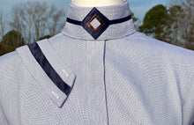 Load image into Gallery viewer, Boo Yah Hunt Shirt with Thick Navy Ribbon Piping and Navy/Brown V Collars - Size 32
