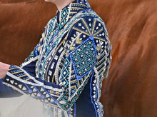 Load image into Gallery viewer, Lindsey James Navy Based w/ Gold, Turquoise &amp; Blue Showmanship Jacket - Small
