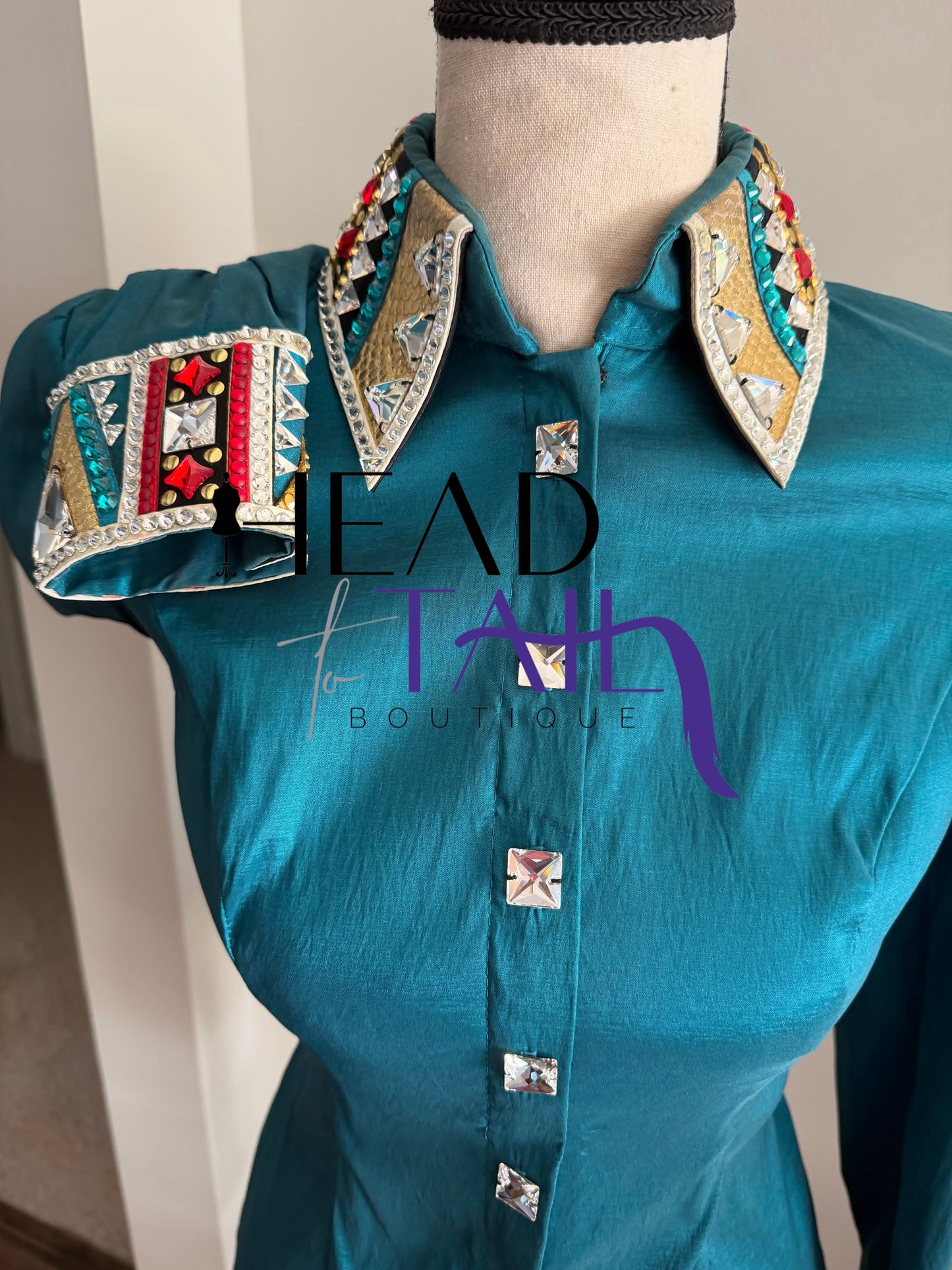 Lindsey James Show Clothing Jade, Red, Gold & Crystal Shirt & Vest- Appx Medium