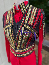 Load image into Gallery viewer, Kevin Garcia Originals Red, Black &amp; Gold Full Sleeve Day Shirt &amp; Bolero - Size 8
