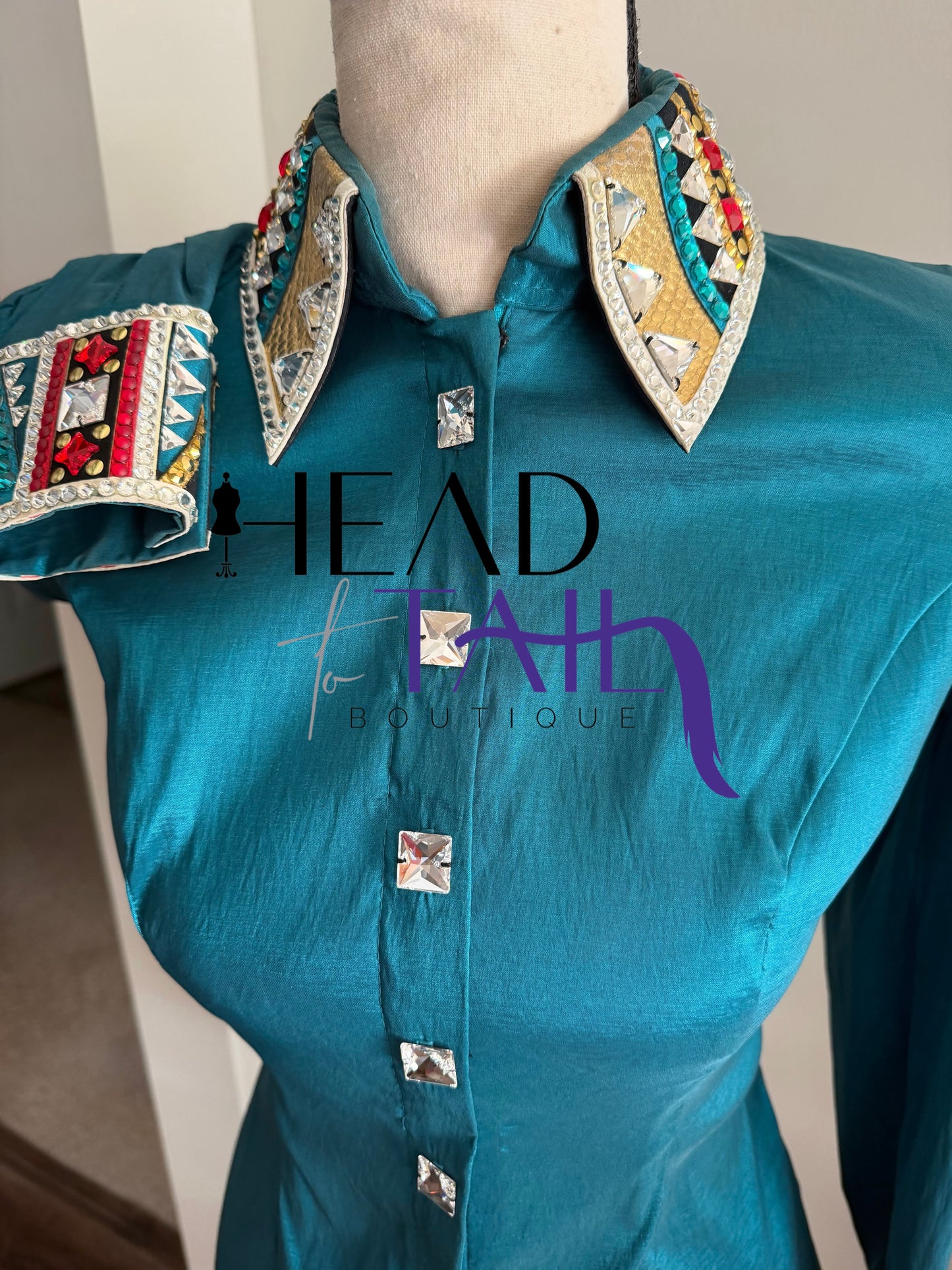 Lindsey James Show Clothing Jade, Red, Gold & Crystal Shirt & Vest- Appx Medium