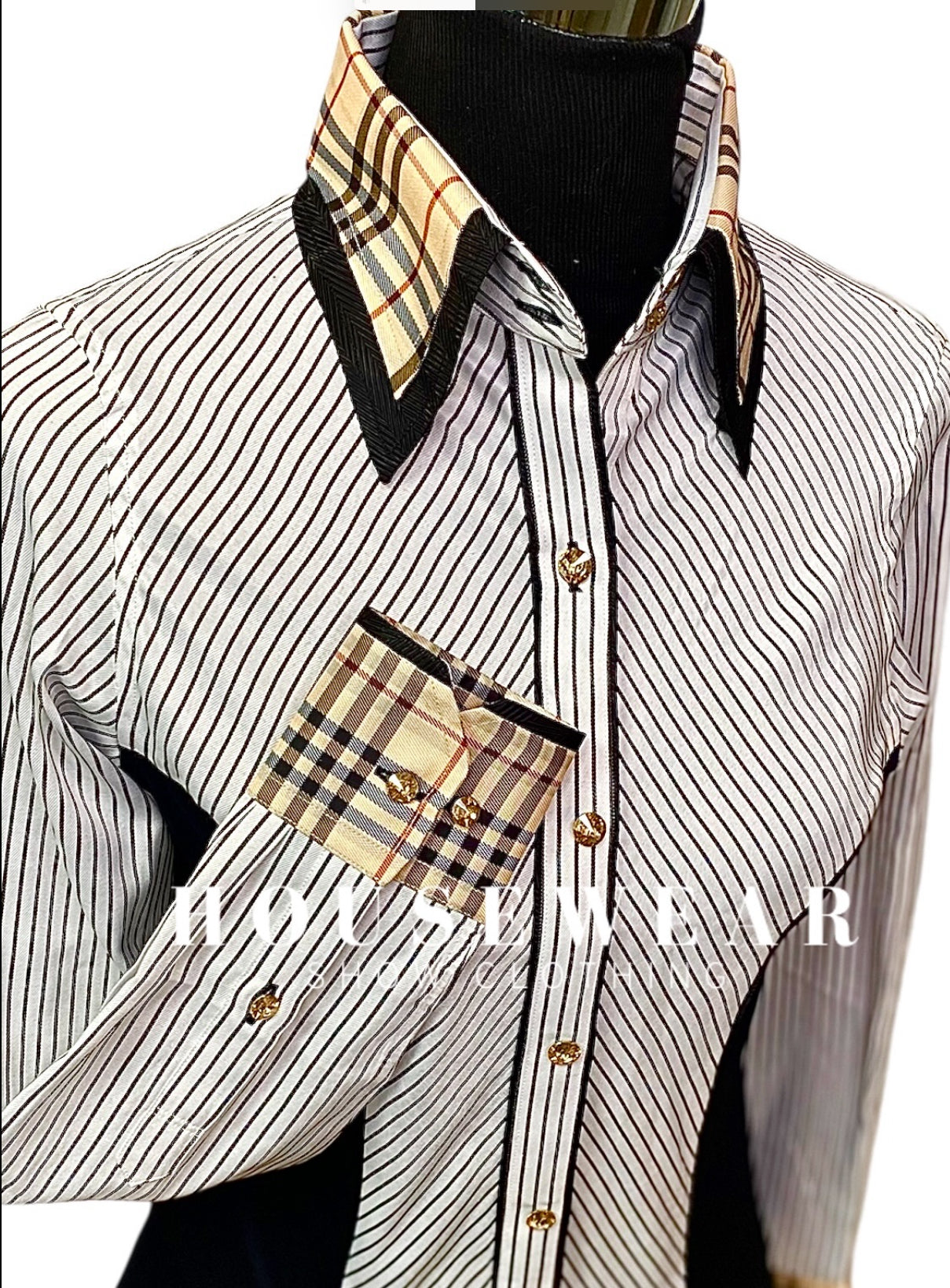 HouseWear Tailored Collection White & Black Stripe + Faux Burberry Print- Small