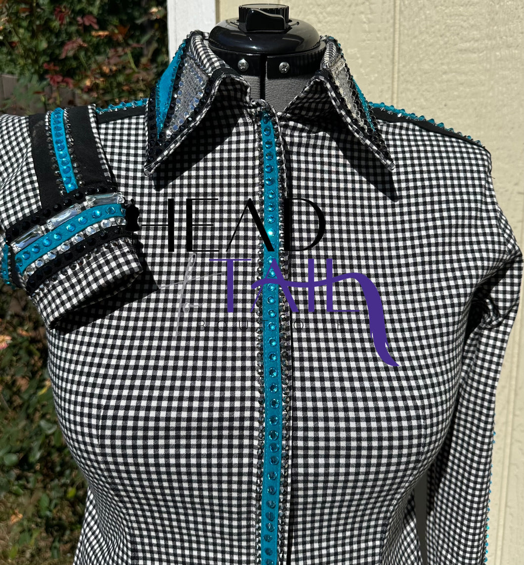 White & Black Checkered with Teal Full Sleeve - 2X- FINAL SALE