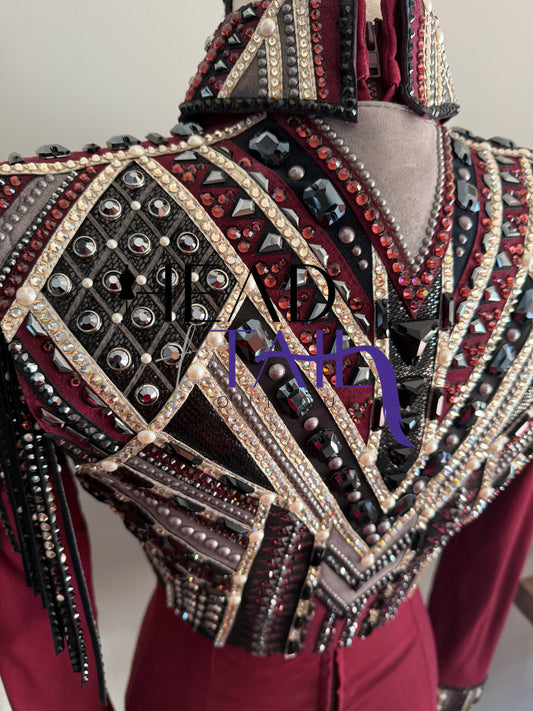 Lindsey James Show Clothing Merlot, Charcoal, Silver & Gold Shirt & Bolero- X-Small/Small