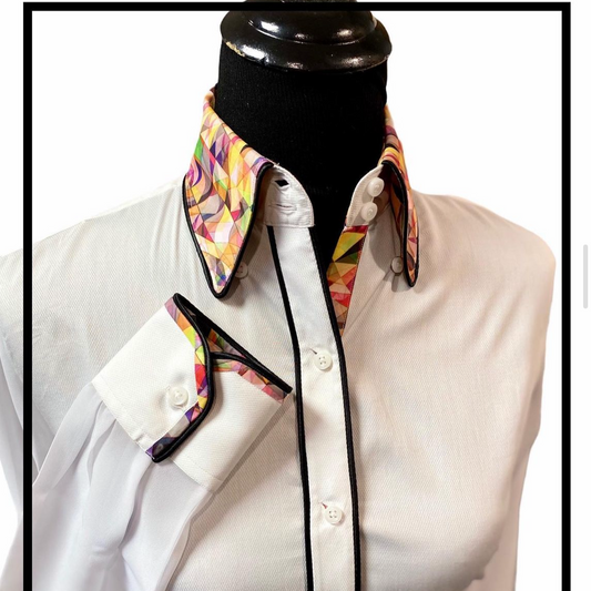 HouseWear Tailored Collection White Sheer Sleeve Blouse with Multi-Color Accents - M/L - FINAL SALE