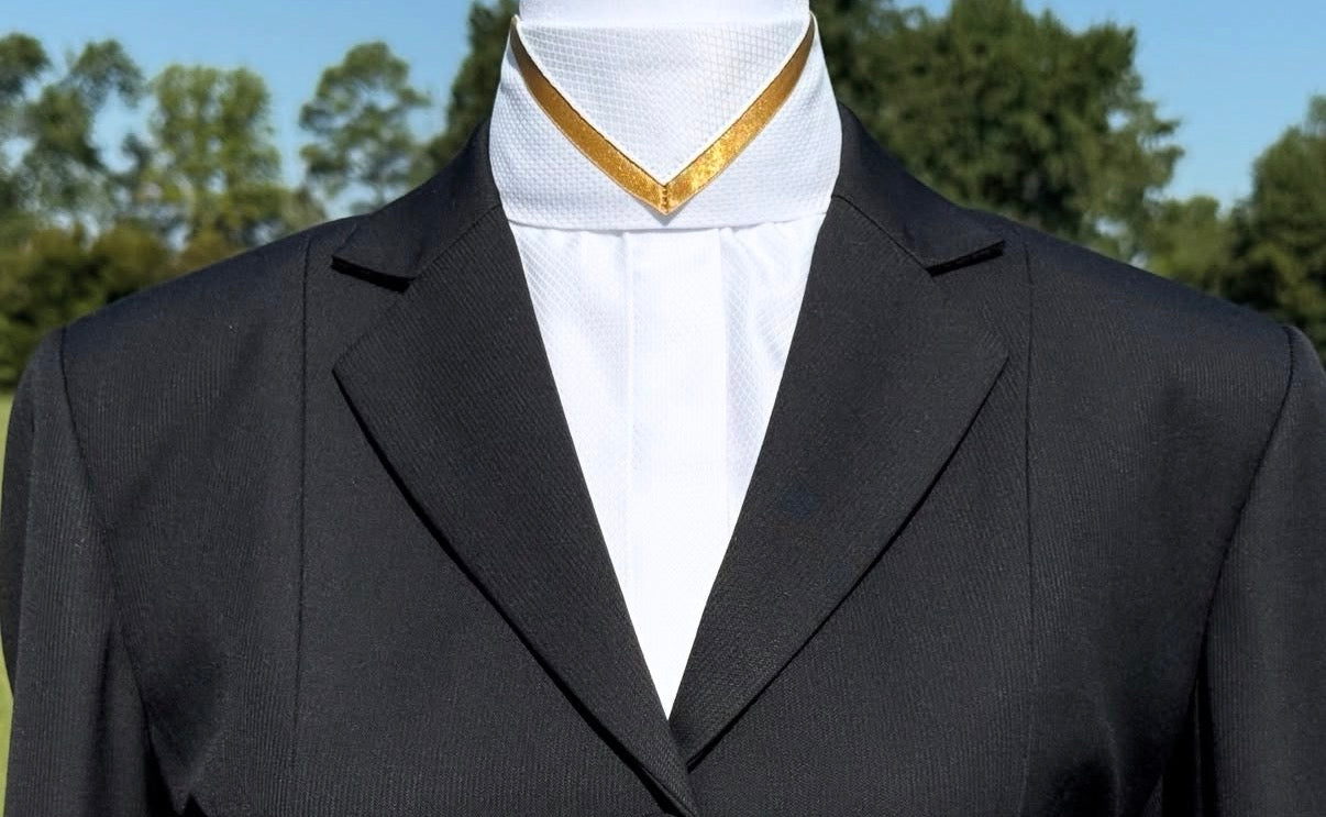 Boo Yah White Shirt with Thick Black Velvet Ribbon Strip and Gold V Collars - Size 32