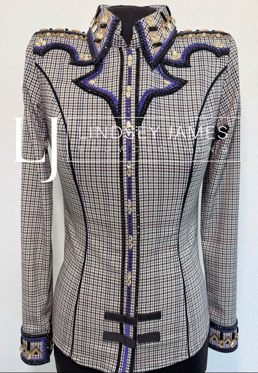 Lindsey James Purple, Gold, Black & White Plaid  - Shoulder Design - Small/Medium