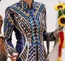 Load image into Gallery viewer, Lindsey James Navy Based w/ Gold, Turquoise &amp; Blue Showmanship Jacket - Small
