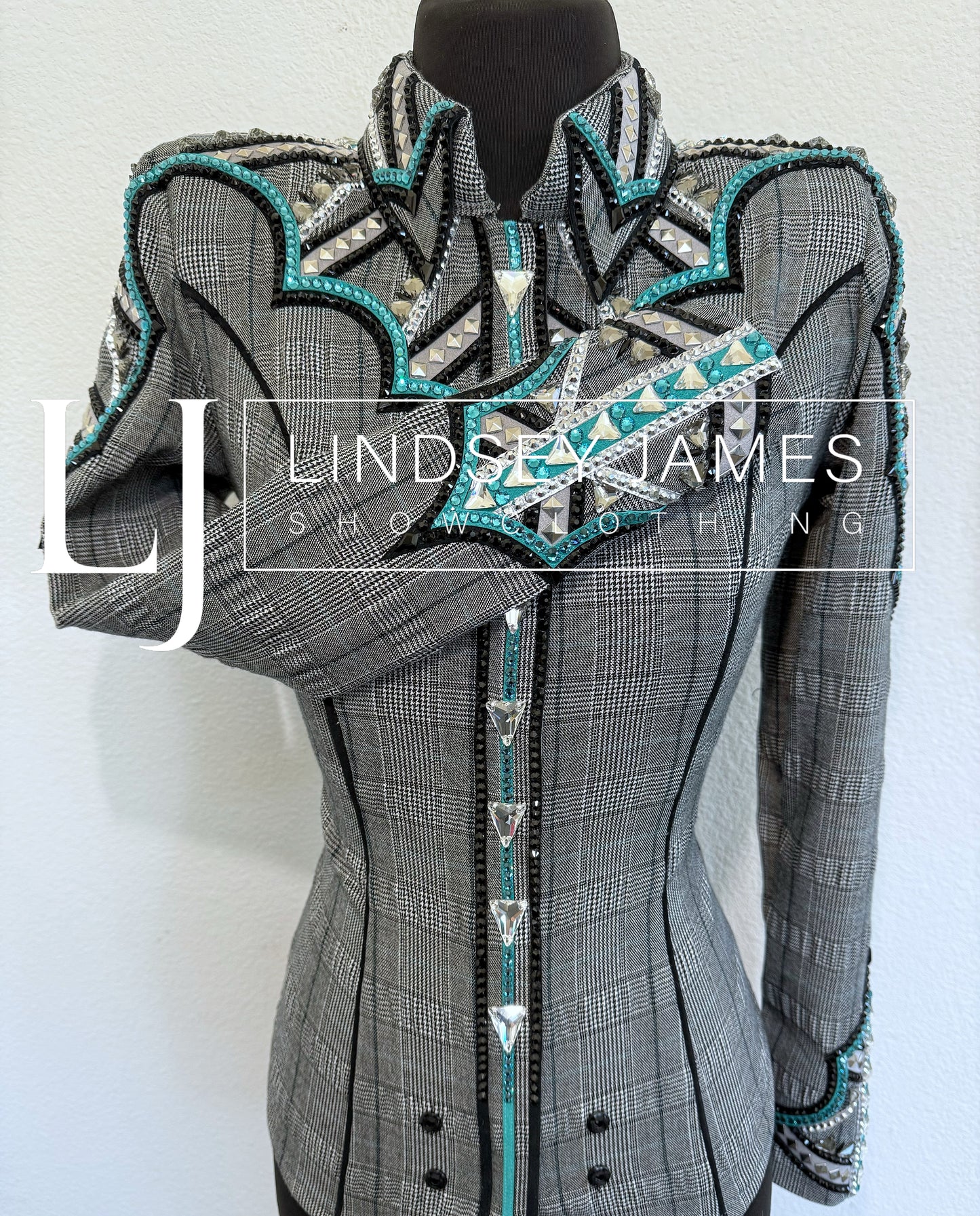 Lindsey James Turquoise, Black & White Plaid  - 1/2 Sleeve - X-Small/Small