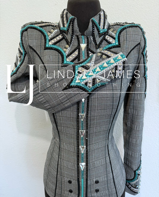 Lindsey James Turquoise, Black & White Plaid  - 1/2 Sleeve - X-Small/Small