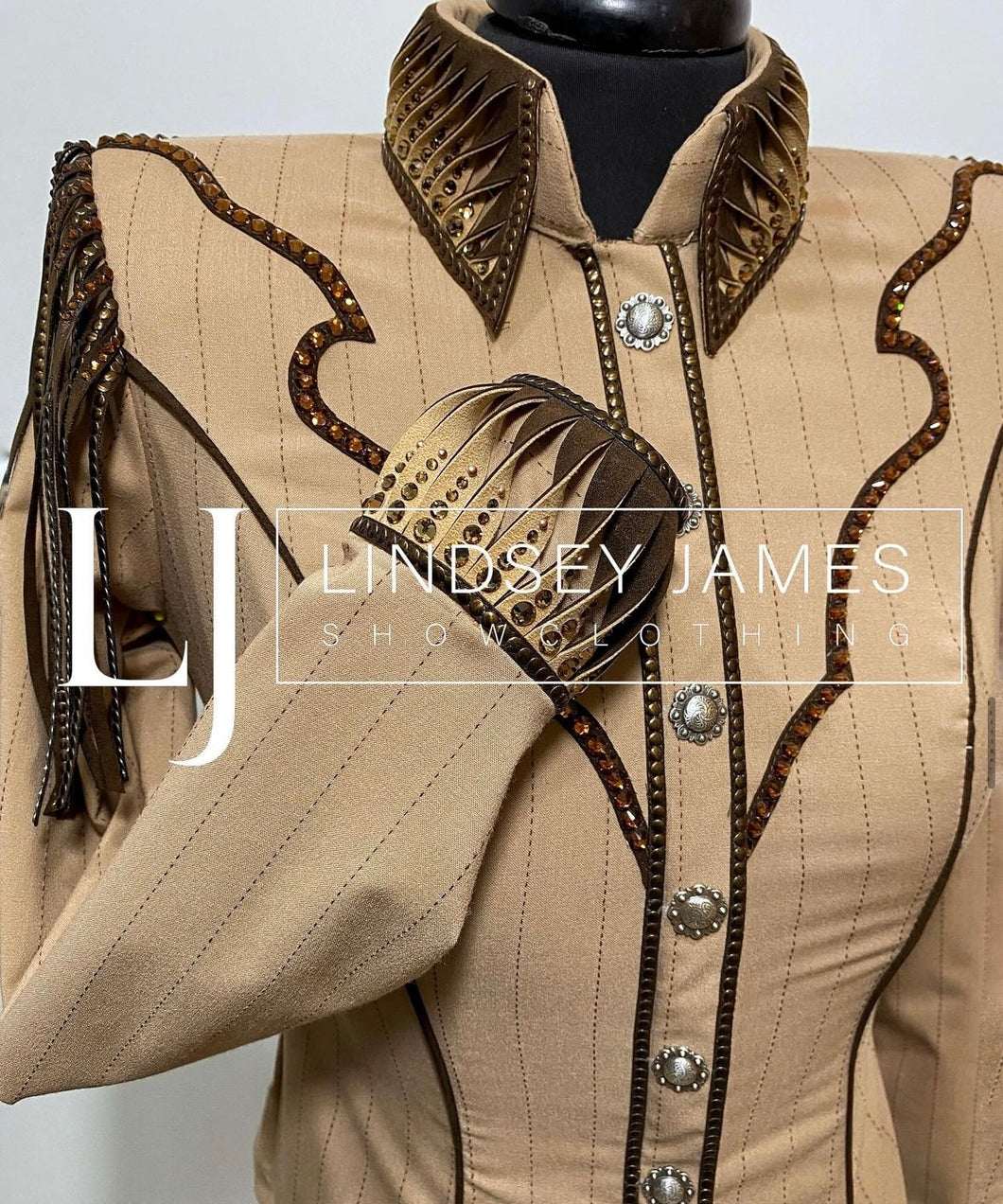 Lindsey James Show Clothing Tan & Brown w/ conchos & fringe Day Shirt - Small/Medium