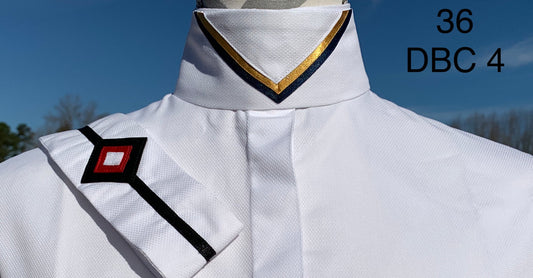White w/ Thick Velvet Navy Ribbon & Gold/Navy V Collars - Size 34