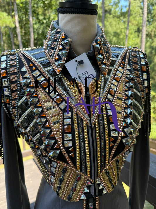 Lindsey James Show Clothing Black, Tans, Metals, Day Shirt & Bolero- Appx Size 4/6