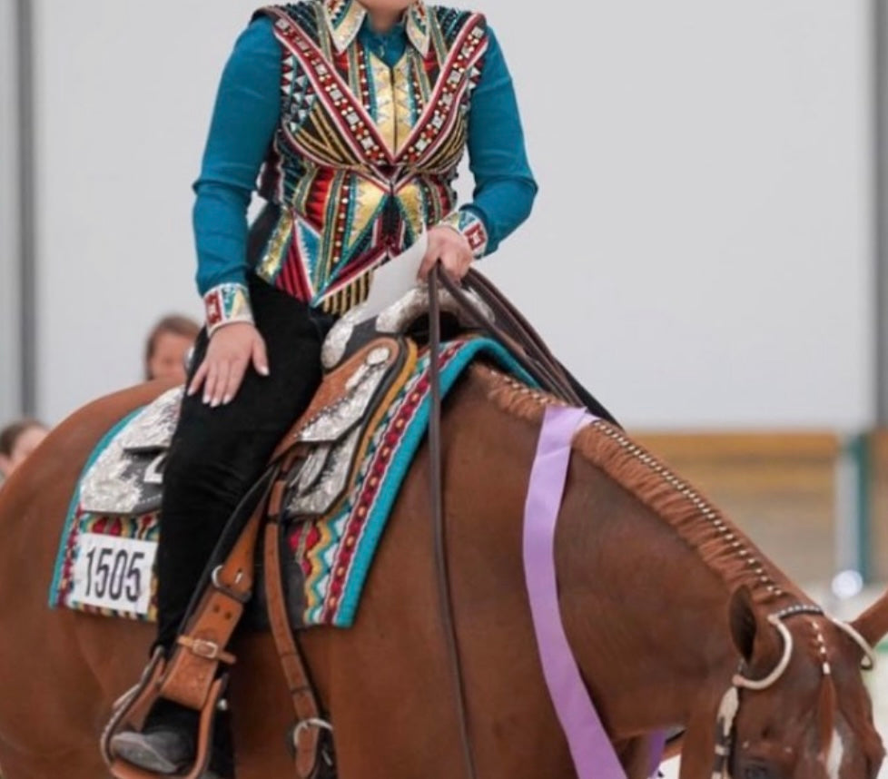 Lindsey James Show Clothing Jade, Red, Gold & Crystal Shirt & Vest- Appx Medium