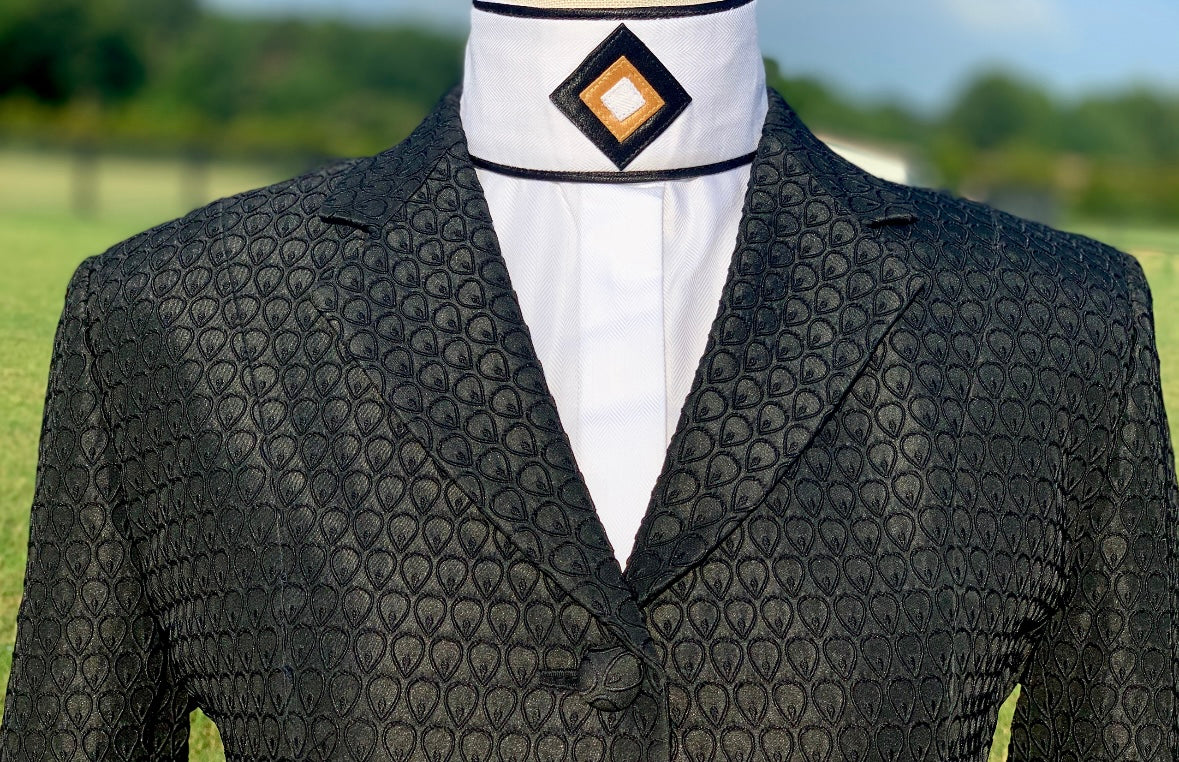 Boo Yah White Shirt with Black Ribbon Stripe and Black/Gold Open Diamond Collars - Size 32