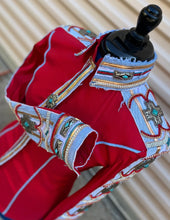 Load image into Gallery viewer, Unbridled Couture Red Base with Denim, added turquoise Aztec accents- Medium
