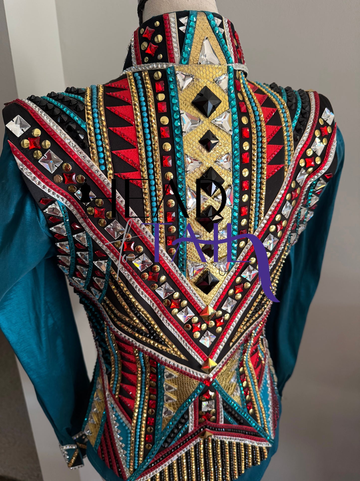 Lindsey James Show Clothing Jade, Red, Gold & Crystal Shirt & Vest- Appx Medium