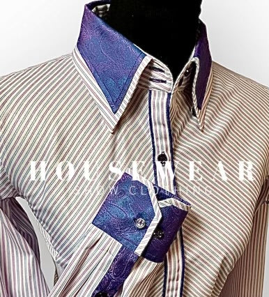 HouseWear Tailored Collection White, Blue & Light Purple Stripe Print  - Medium