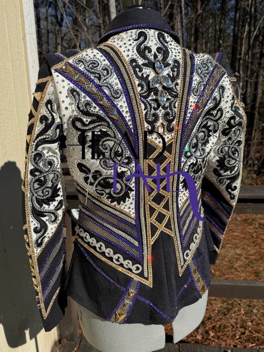 Unbridled Couture Black, White, Purple & Gold Showmanship Jacket (& vest) - Medium