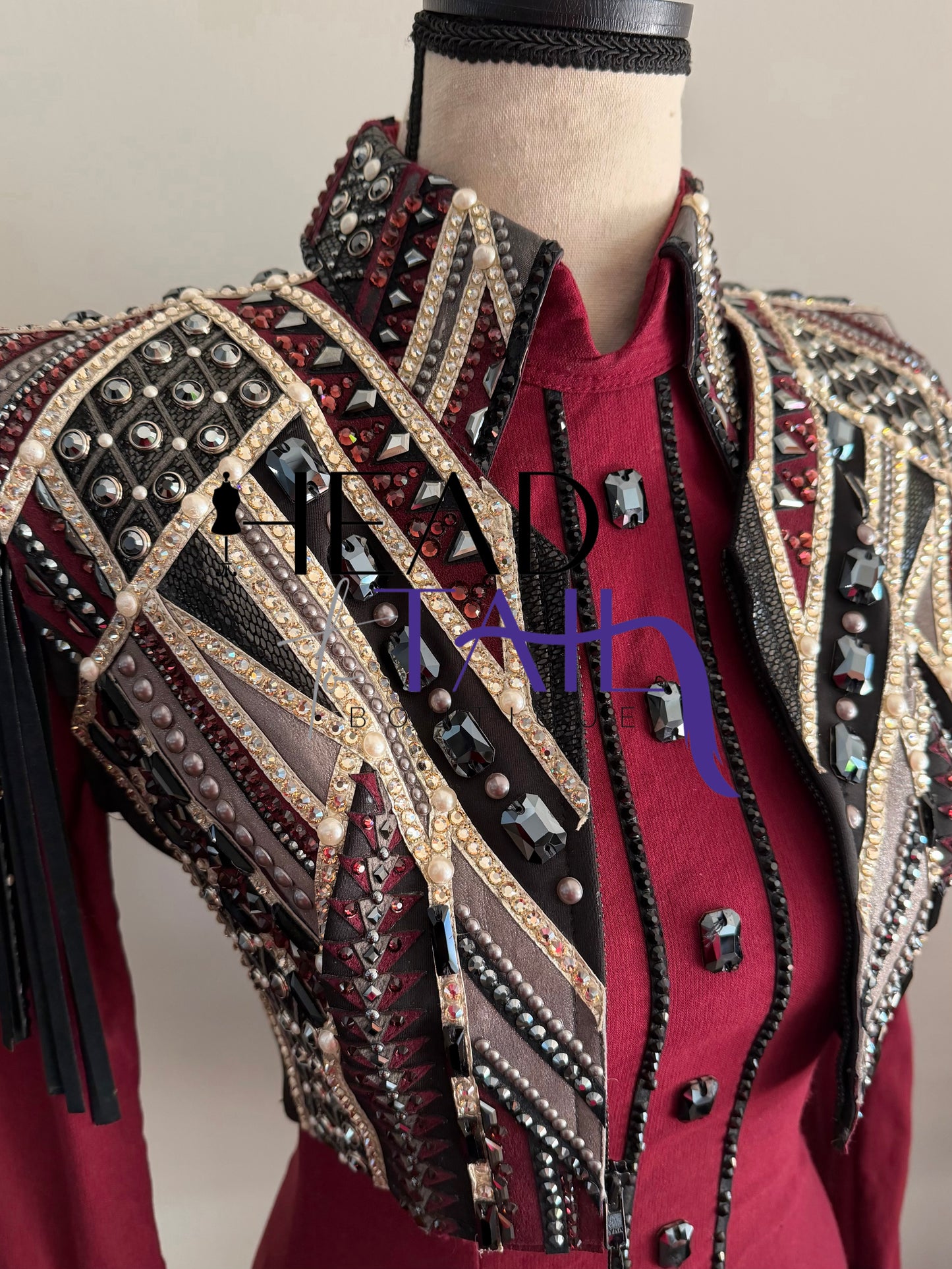 Lindsey James Show Clothing Merlot, Charcoal, Silver & Gold Shirt & Bolero- X-Small/Small