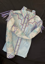 Load image into Gallery viewer, Kara Langeland Light Blue &amp; Purple w/ Sheer Sleeve &amp; Fringe Day Shirt - YOUTH
