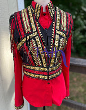 Load image into Gallery viewer, Kevin Garcia Originals Red, Black &amp; Gold Full Sleeve Day Shirt &amp; Bolero - Size 8
