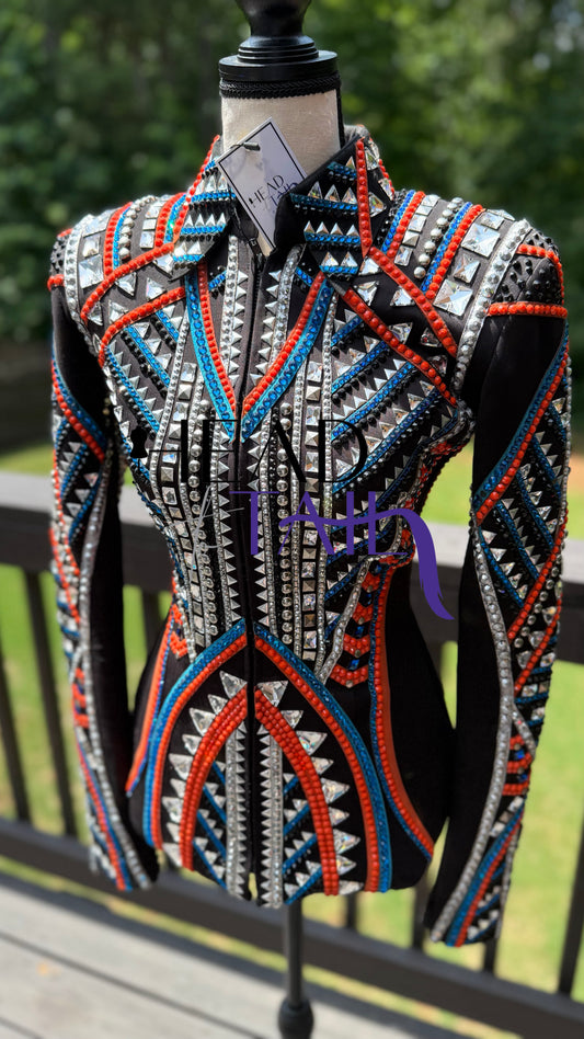 Lindsey James Show Clothing Blue, Silver & Orange Showmanship Jacket - X-Small/Small