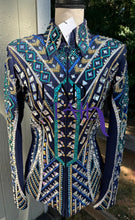 Load image into Gallery viewer, Lindsey James Navy Based w/ Gold, Turquoise &amp; Blue Showmanship Jacket - Small
