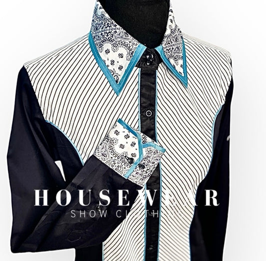 HouseWear Tailored Collection White & Black Stripe with Turquoise - Large