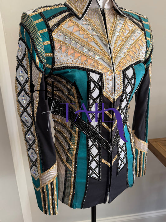 Unbridled Couture Teal, Gold & White Showmanship Jacket - X-Small/Small