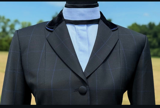 Boo Yah Black w/Blue Windowpane w/ Black Velvet & Double Royal/Black Piping - Size 6