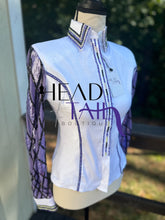 Load image into Gallery viewer, All That White &amp; Purple w/ Sheer Sleeve Day Shirt - Youth Large/ Adult X-Small
