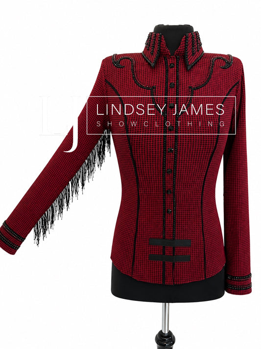 Lindsey James Deep Red/Black Check w/ Fringe Day Shirt - Small/Medium