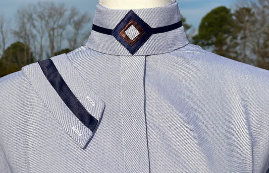 Boo Yah Blue/Brown Shirt with Thick Navy Velvet Ribbon Piping and Black/Brown V Collars - Size 32