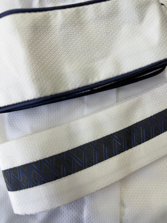 Boo Yah White Shirt with Navy Thin Piping & Navy Print Stripe Collars - Size 34