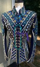 Load image into Gallery viewer, Lindsey James Navy Based w/ Gold, Turquoise &amp; Blue Showmanship Jacket - Small
