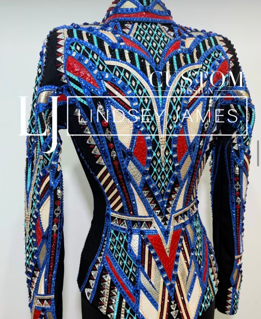 Lindsey James Show Clothing Red, Turquoise, Blue & Silver Showmanship Jacket - Small/Medium TALL