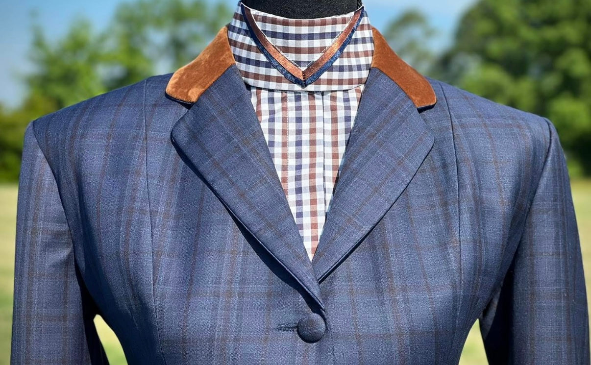 Boo Yah Navy with Brown Plaid along with Velvet and  Double Piping- Size 2