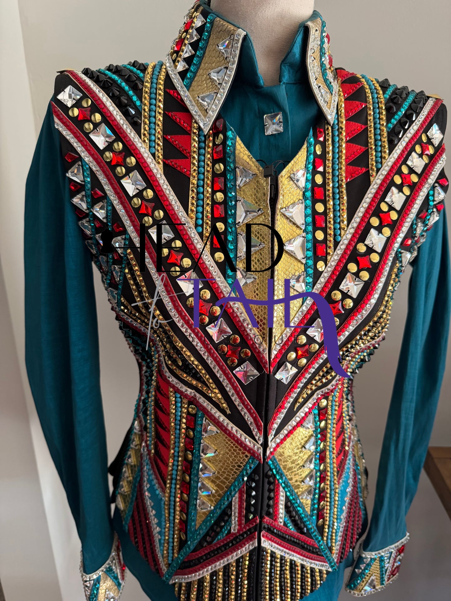 Lindsey James Show Clothing Jade, Red, Gold & Crystal Shirt & Vest- Appx Medium