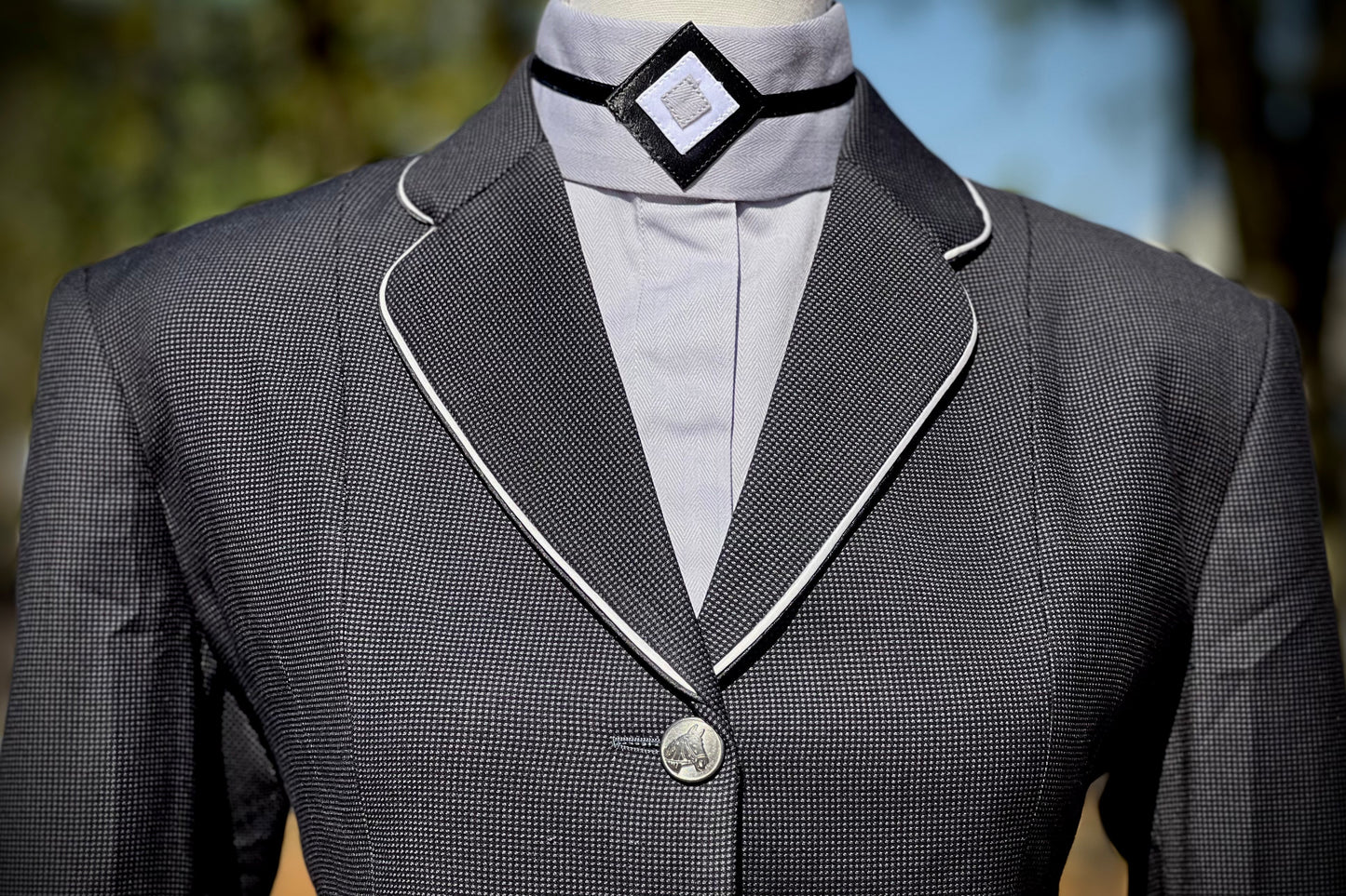 Boo Yah Silver Hunt Shirt with Thick Black Ribbon Piping and Black/Silver Filled Diamond Collars - Size 34