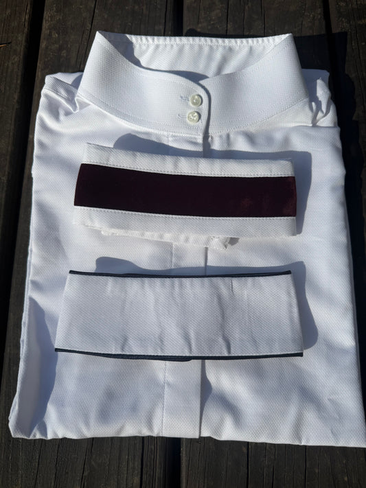 Boo Yah White Shirt with Navy Thin Piping and Thick Burgundy Velvet Stripe Collars - Size 38