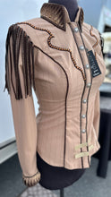 Load image into Gallery viewer, Lindsey James Show Clothing Tan &amp; Brown w/ conchos &amp; fringe Day Shirt - Small/Medium
