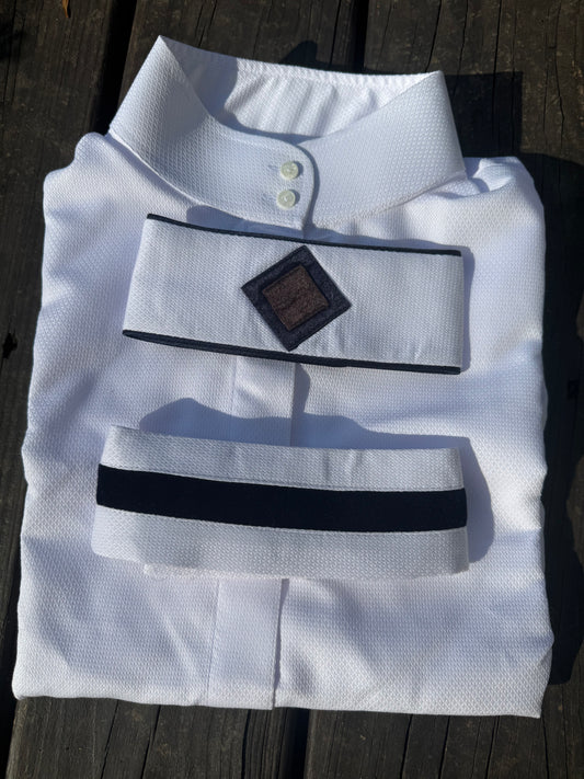 Boo Yah White Shirt with Navy/Brown Diamond and Black Velvet Ribbon Collars - Size 36