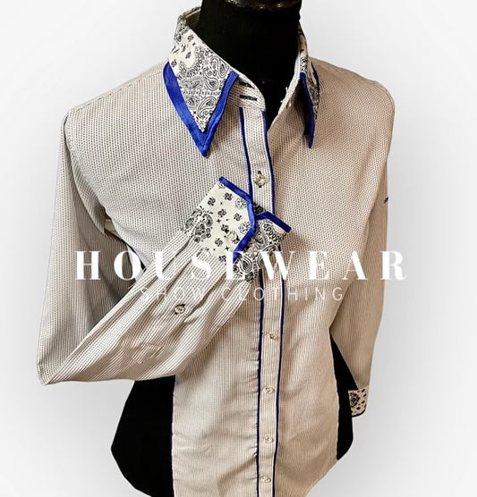 HouseWear Tailored Collection White & Black Print w/ Royal Blue  - Medium w/ Stretch Sides