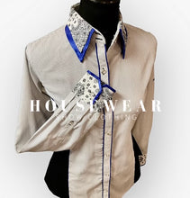 Load image into Gallery viewer, HouseWear Tailored Collection White &amp; Black Print w/ Royal Blue  - Medium w/ Stretch Sides
