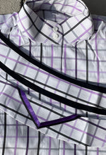 Load image into Gallery viewer, Boo Yah Hunt Shirt with Thick Black Ribbon Piping and Black/Purple V Collars - Size 32
