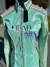 Load image into Gallery viewer, Housewear Show Clothing Mint &amp; Gold w/ Sheer Sleeve - Medium/Large
