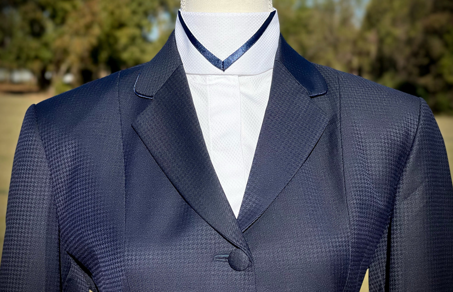 Boo Yah White Shirt with Navy Ribbon Piping and Navy  V Collars - Size 34